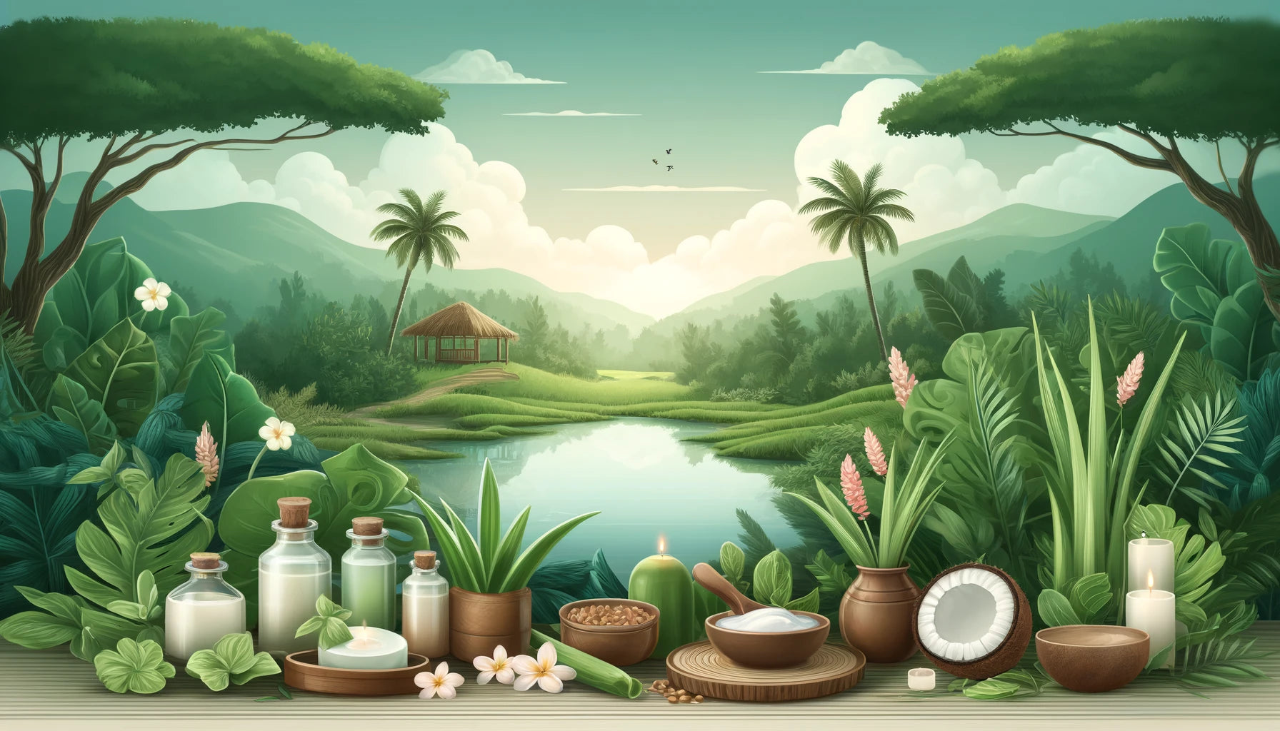 A serene and natural setting showcasing lush greenery and natural ingredients for eyebrow growth, including aloe vera, coconuts, and fenugreek seeds, reflecting a holistic approach to beauty and wellness.